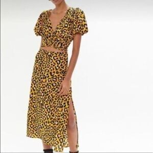 RAHI Stacey Leopard print plunging cropped top and midi skirt XS Cheetah BoxI
